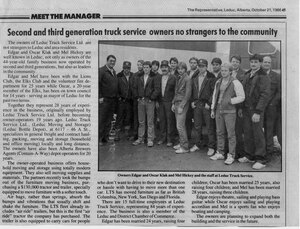 A faded newspaper clipping shows a group photo of 80's era Leduc Truck Service employees