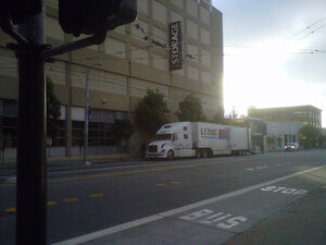 A Leduc Truck Service semi-trailer checks out the mean streets of New York.