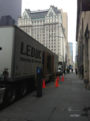 A bright Leduc Truck Service tractor-trailer unit on the streets of New York.